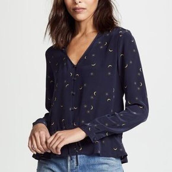 NWT Rails Beaux Ruffle Waist Navy Crescent Moon Silk Blouse -XS - Picture 3 of 13